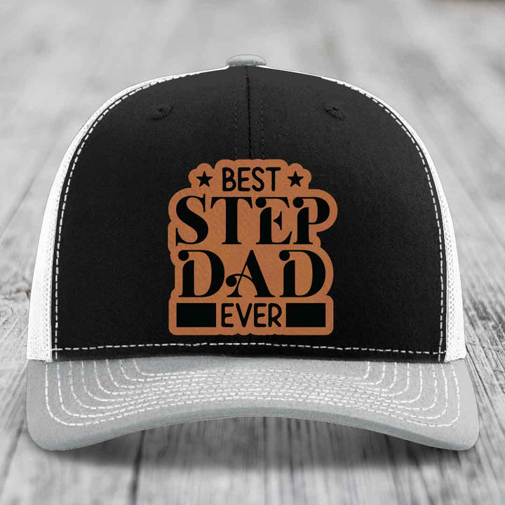 Best Step Dad Ever - Leather Patch Hat - Rawhide to Black Patch - Richardson 112 Snapback Trucker Hat