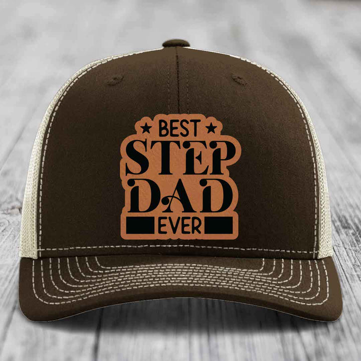 Best Step Dad Ever - Leather Patch Hat - Rawhide to Black Patch - Richardson 112 Snapback Trucker Hat