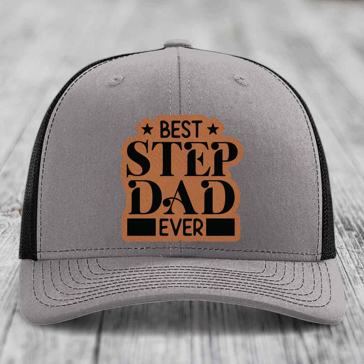 Best Step Dad Ever - Leather Patch Hat - Rawhide to Black Patch - Richardson 112 Snapback Trucker Hat