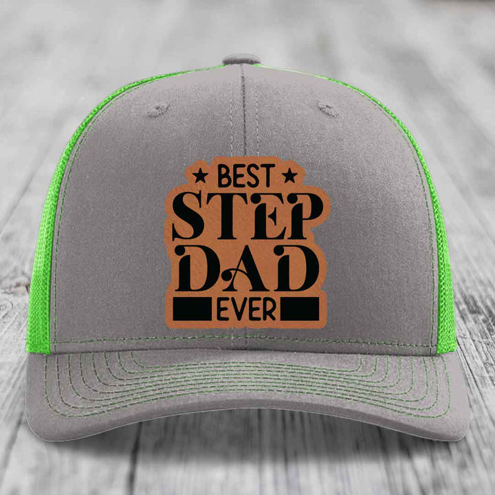 Best Step Dad Ever - Leather Patch Hat - Rawhide to Black Patch - Richardson 112 Snapback Trucker Hat