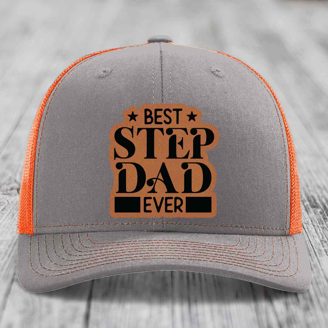 Best Step Dad Ever - Leather Patch Hat - Rawhide to Black Patch - Richardson 112 Snapback Trucker Hat