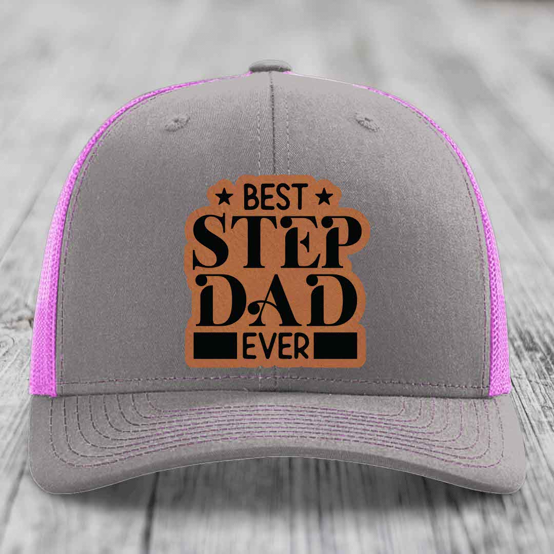 Best Step Dad Ever - Leather Patch Hat - Rawhide to Black Patch - Richardson 112 Snapback Trucker Hat