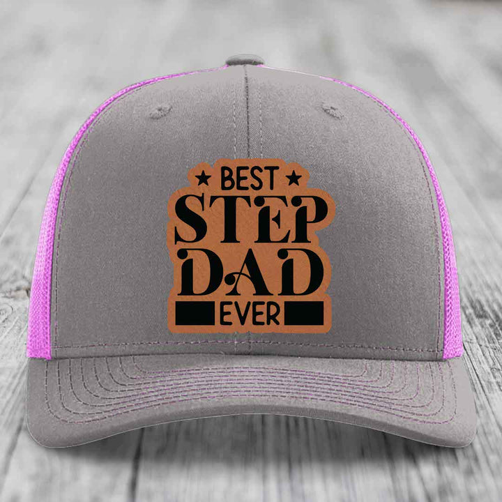 Best Step Dad Ever - Leather Patch Hat - Rawhide to Black Patch - Richardson 112 Snapback Trucker Hat