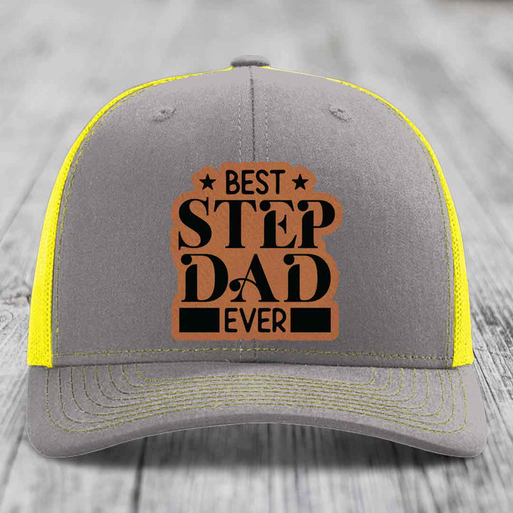 Best Step Dad Ever - Leather Patch Hat - Rawhide to Black Patch - Richardson 112 Snapback Trucker Hat