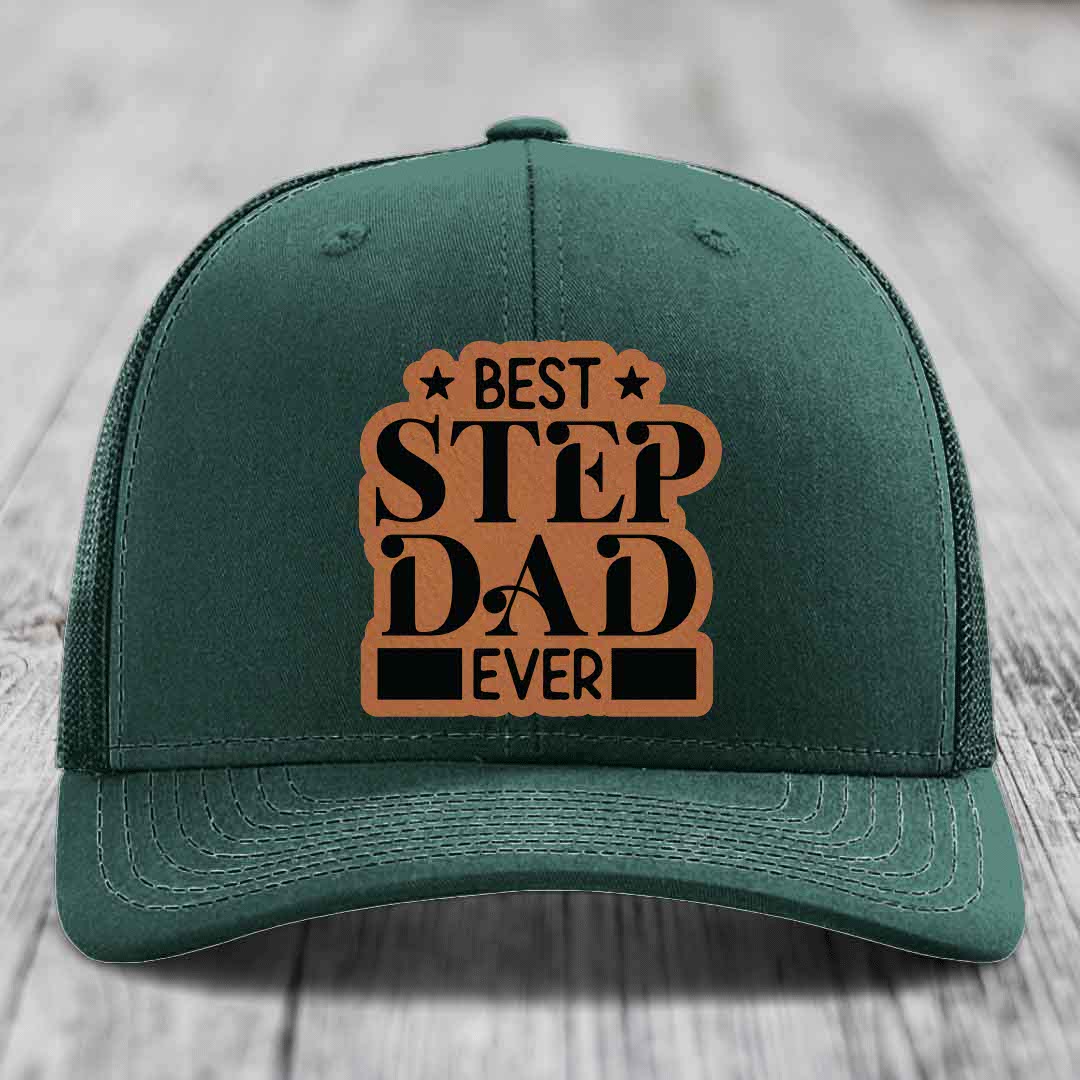 Best Step Dad Ever - Leather Patch Hat - Rawhide to Black Patch - Richardson 112 Snapback Trucker Hat