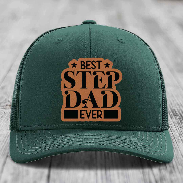 Best Step Dad Ever - Leather Patch Hat - Rawhide to Black Patch - Richardson 112 Snapback Trucker Hat