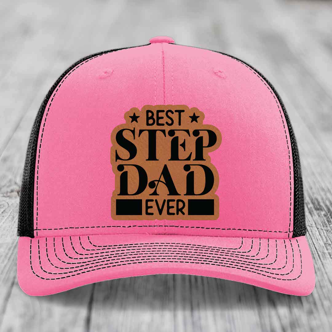 Best Step Dad Ever - Leather Patch Hat - Rawhide to Black Patch - Richardson 112 Snapback Trucker Hat