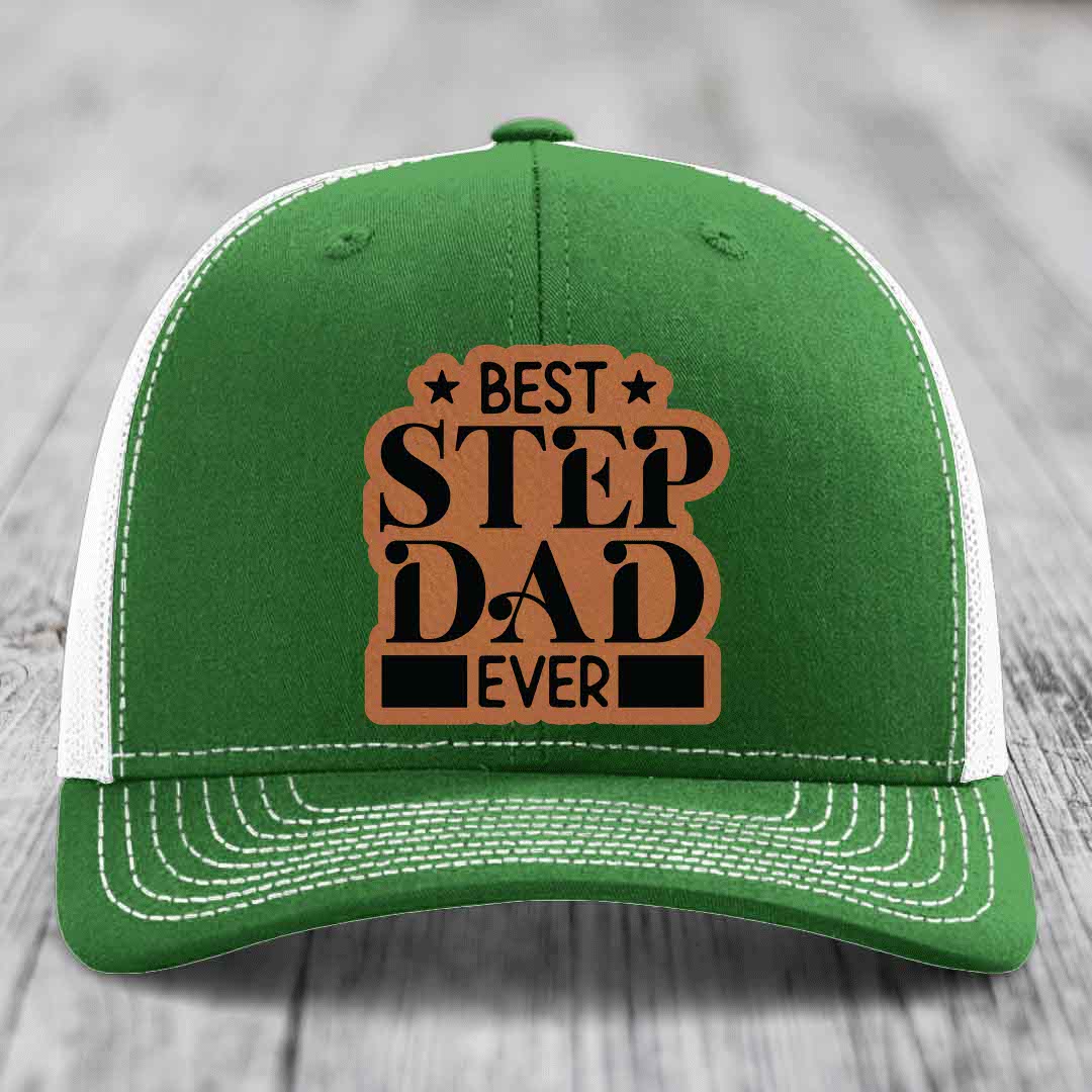 Best Step Dad Ever - Leather Patch Hat - Rawhide to Black Patch - Richardson 112 Snapback Trucker Hat