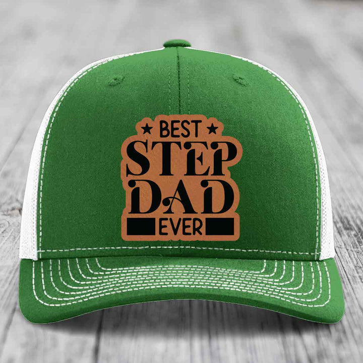 Best Step Dad Ever - Leather Patch Hat - Rawhide to Black Patch - Richardson 112 Snapback Trucker Hat