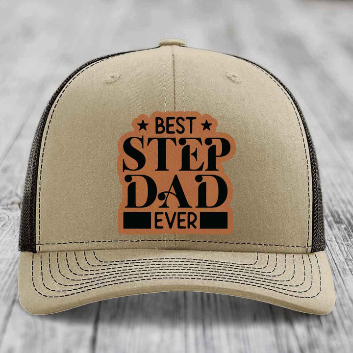 Best Step Dad Ever - Leather Patch Hat - Rawhide to Black Patch - Richardson 112 Snapback Trucker Hat