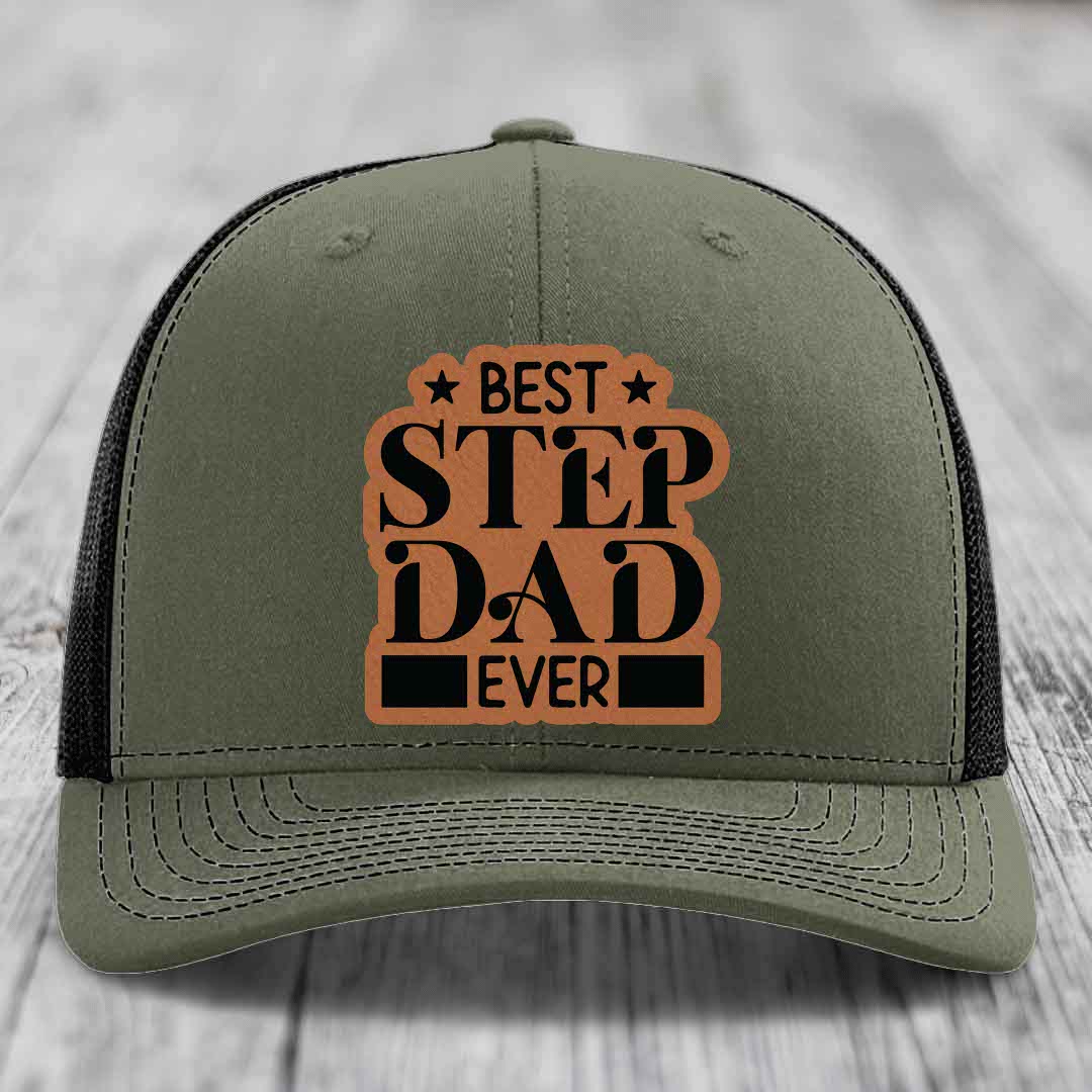 Best Step Dad Ever - Leather Patch Hat - Rawhide to Black Patch - Richardson 112 Snapback Trucker Hat
