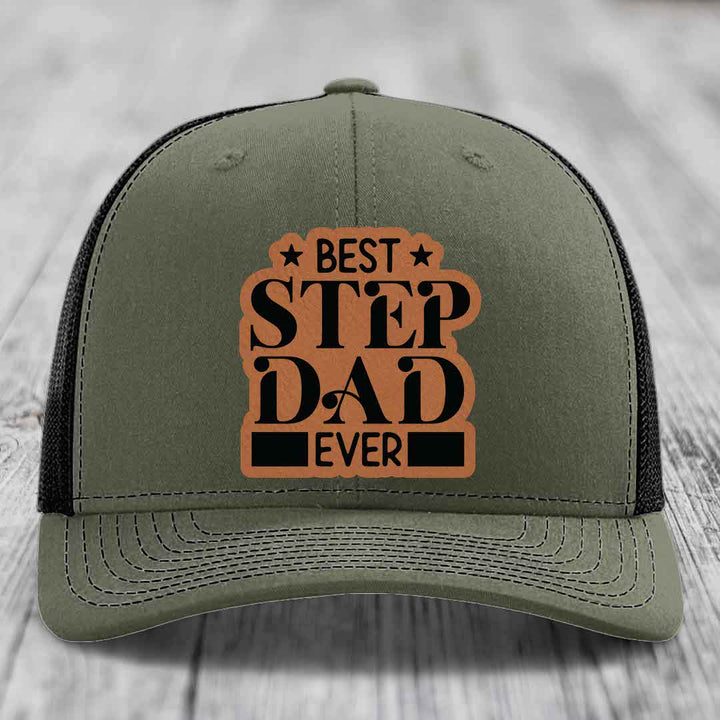 Best Step Dad Ever - Leather Patch Hat - Rawhide to Black Patch - Richardson 112 Snapback Trucker Hat
