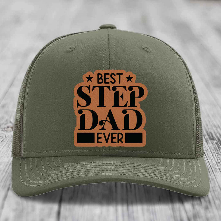 Best Step Dad Ever - Leather Patch Hat - Rawhide to Black Patch - Richardson 112 Snapback Trucker Hat
