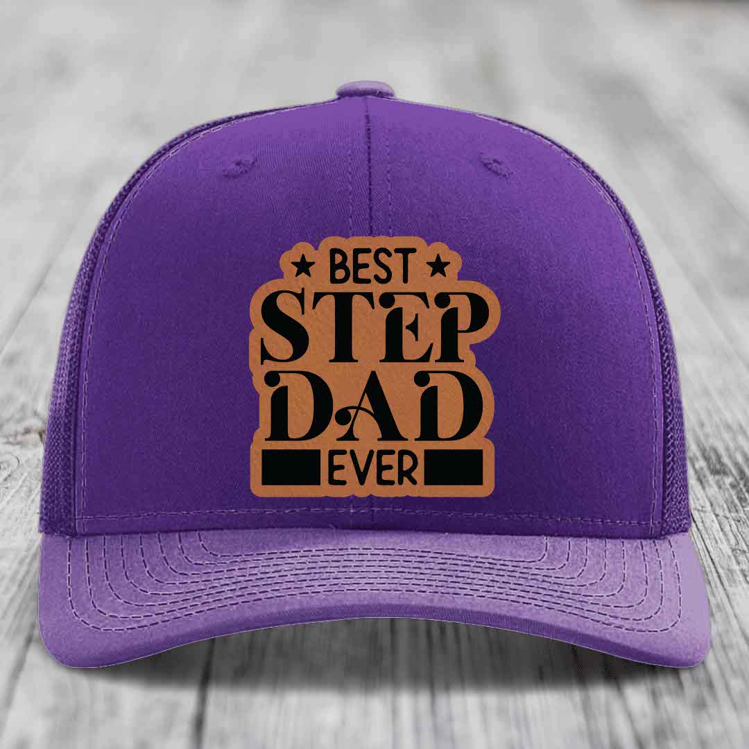 Best Step Dad Ever - Leather Patch Hat - Rawhide to Black Patch - Richardson 112 Snapback Trucker Hat