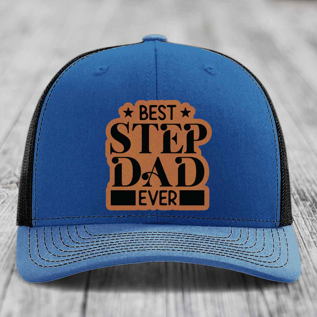 Best Step Dad Ever - Leather Patch Hat - Rawhide to Black Patch - Richardson 112 Snapback Trucker Hat