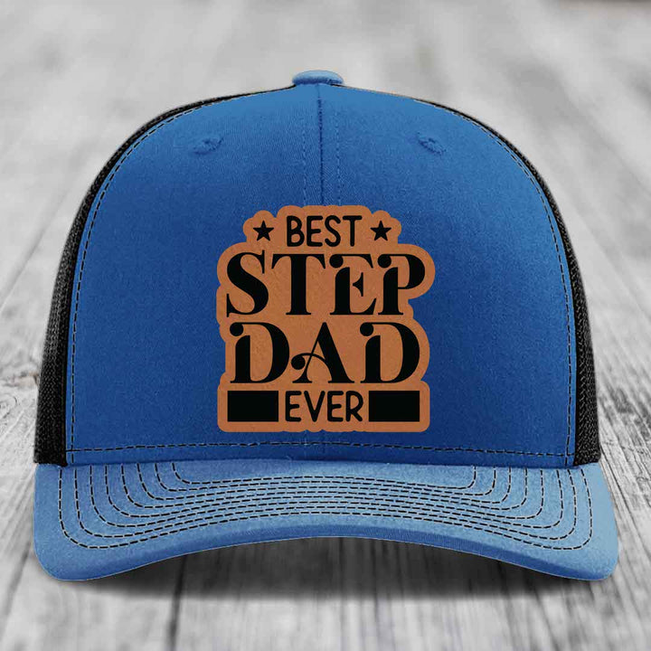 Best Step Dad Ever - Leather Patch Hat - Rawhide to Black Patch - Richardson 112 Snapback Trucker Hat