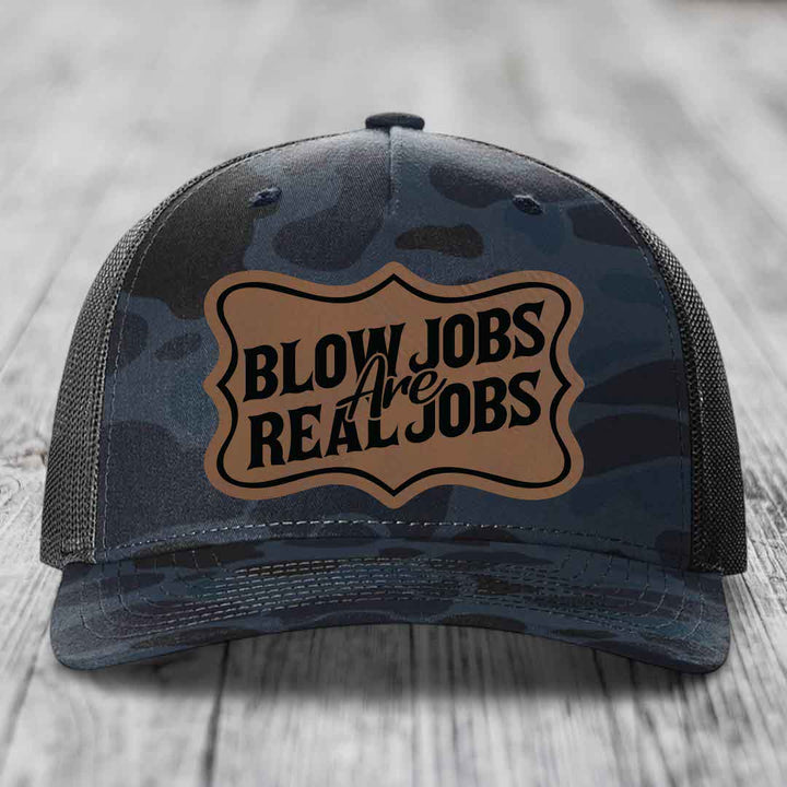 Blow Jobs Are Real Jobs v02 - Leather Patch Hat - Dark Brown to Black Patch - Richardson 112PFP Snapback Trucker Hat