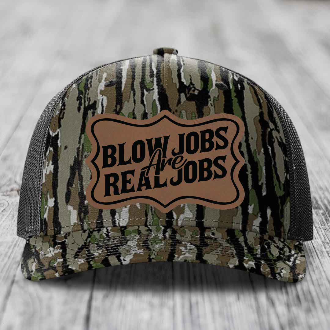Blow Jobs Are Real Jobs v02 - Leather Patch Hat - Dark Brown to Black Patch - Richardson 112PFP Snapback Trucker Hat