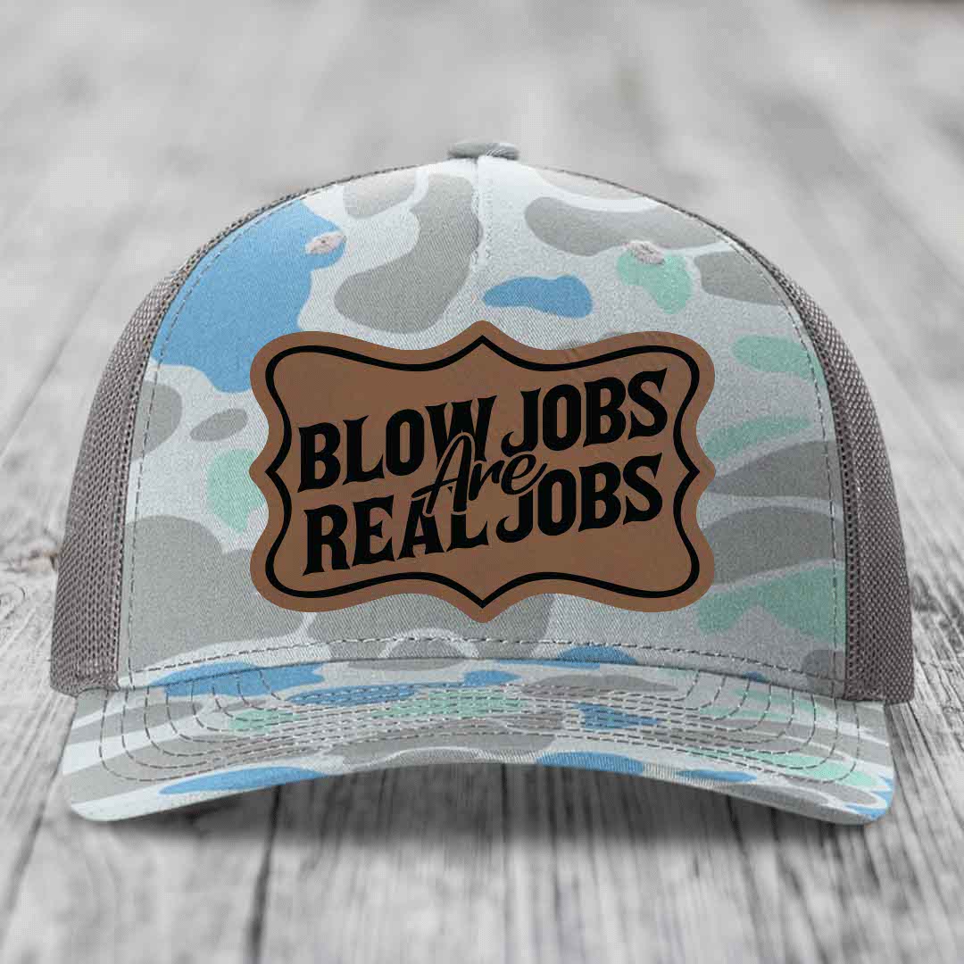 Blow Jobs Are Real Jobs v02 - Leather Patch Hat - Dark Brown to Black Patch - Richardson 112PFP Snapback Trucker Hat