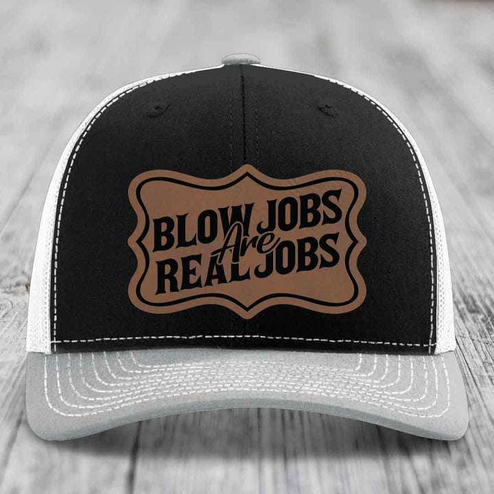 Blow Jobs Are Real Jobs v02 - Leather Patch Hat - Dark Brown to Black Patch - Richardson 112 Snapback Trucker Hat