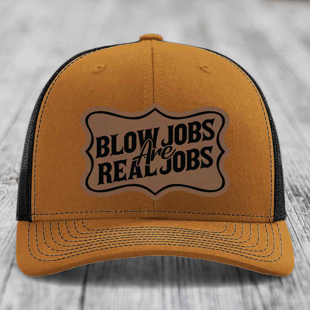 Blow Jobs Are Real Jobs v02 - Leather Patch Hat - Dark Brown to Black Patch - Richardson 112 Snapback Trucker Hat