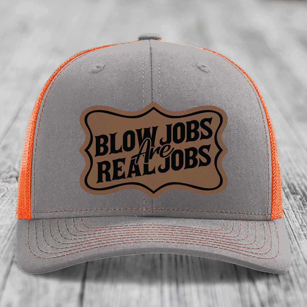 Blow Jobs Are Real Jobs v02 - Leather Patch Hat - Dark Brown to Black Patch - Richardson 112 Snapback Trucker Hat