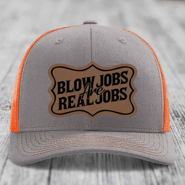 Blow Jobs Are Real Jobs v02 - Leather Patch Hat - Dark Brown to Black Patch - Richardson 112 Snapback Trucker Hat
