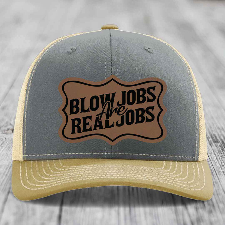 Blow Jobs Are Real Jobs v02 - Leather Patch Hat - Dark Brown to Black Patch - Richardson 112 Snapback Trucker Hat