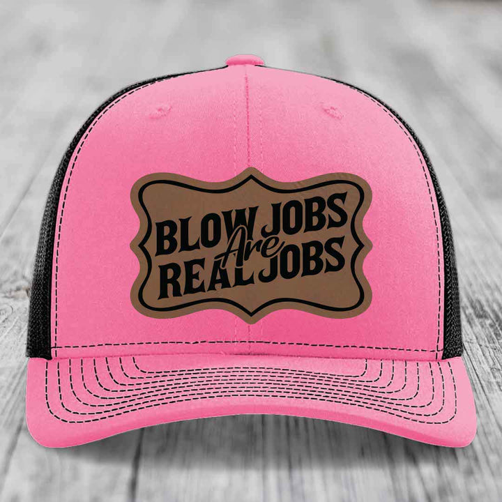 Blow Jobs Are Real Jobs v02 - Leather Patch Hat - Dark Brown to Black Patch - Richardson 112 Snapback Trucker Hat