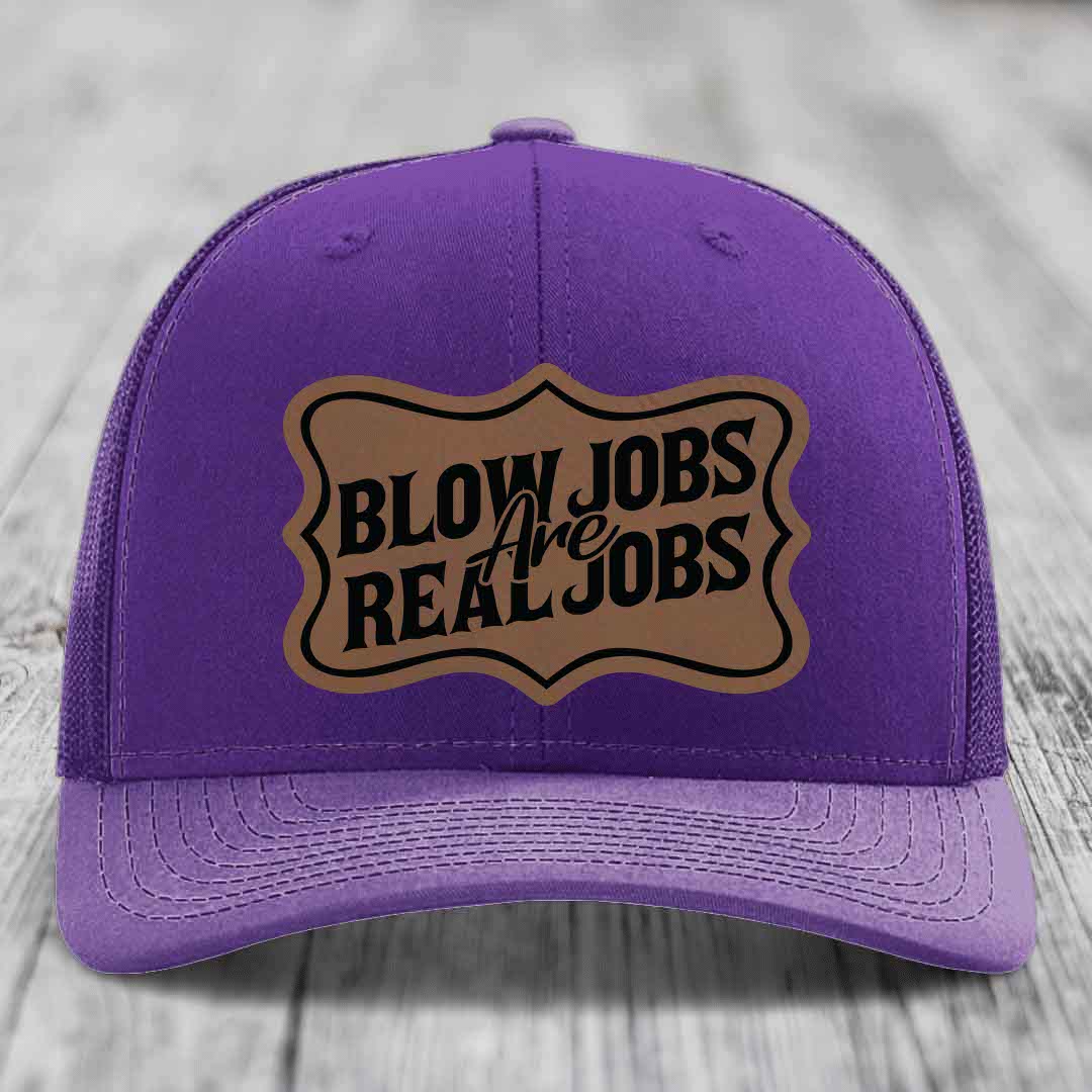 Blow Jobs Are Real Jobs v02 - Leather Patch Hat - Dark Brown to Black Patch - Richardson 112 Snapback Trucker Hat