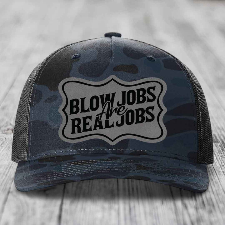 Blow Jobs Are Real Jobs v02 - Leather Patch Hat - Grey to Black Patch - Richardson 112PFP Snapback Trucker Hat