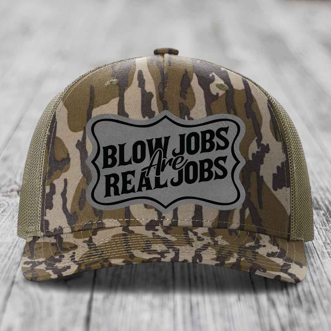 Blow Jobs Are Real Jobs v02 - Leather Patch Hat - Grey to Black Patch - Richardson 112PFP Snapback Trucker Hat