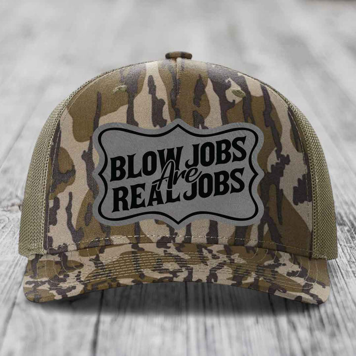 Blow Jobs Are Real Jobs v02 - Leather Patch Hat - Grey to Black Patch - Richardson 112PFP Snapback Trucker Hat