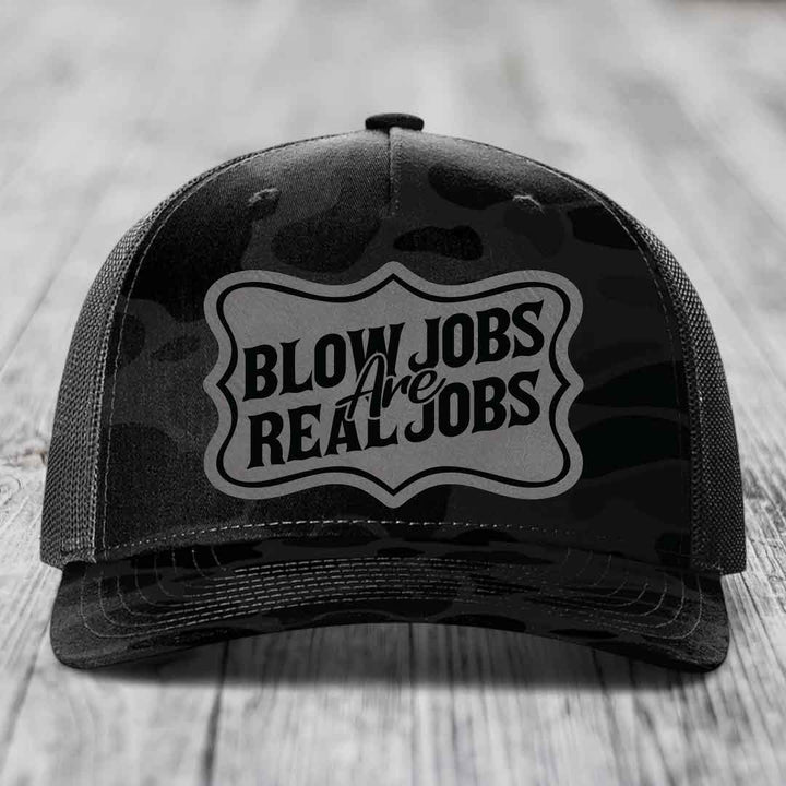 Blow Jobs Are Real Jobs v02 - Leather Patch Hat - Grey to Black Patch - Richardson 112PFP Snapback Trucker Hat