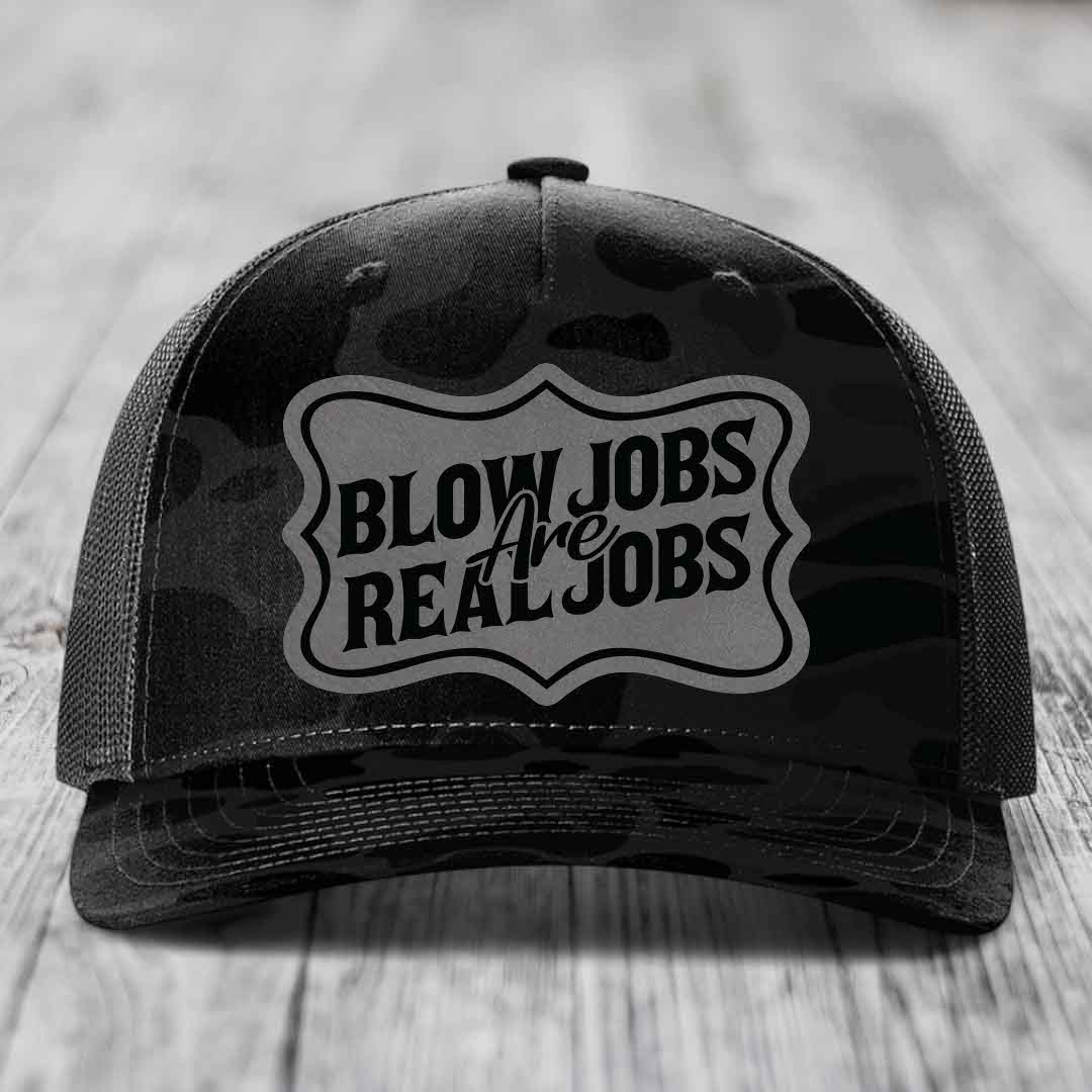 Black trucker hat with camouflage pattern and &