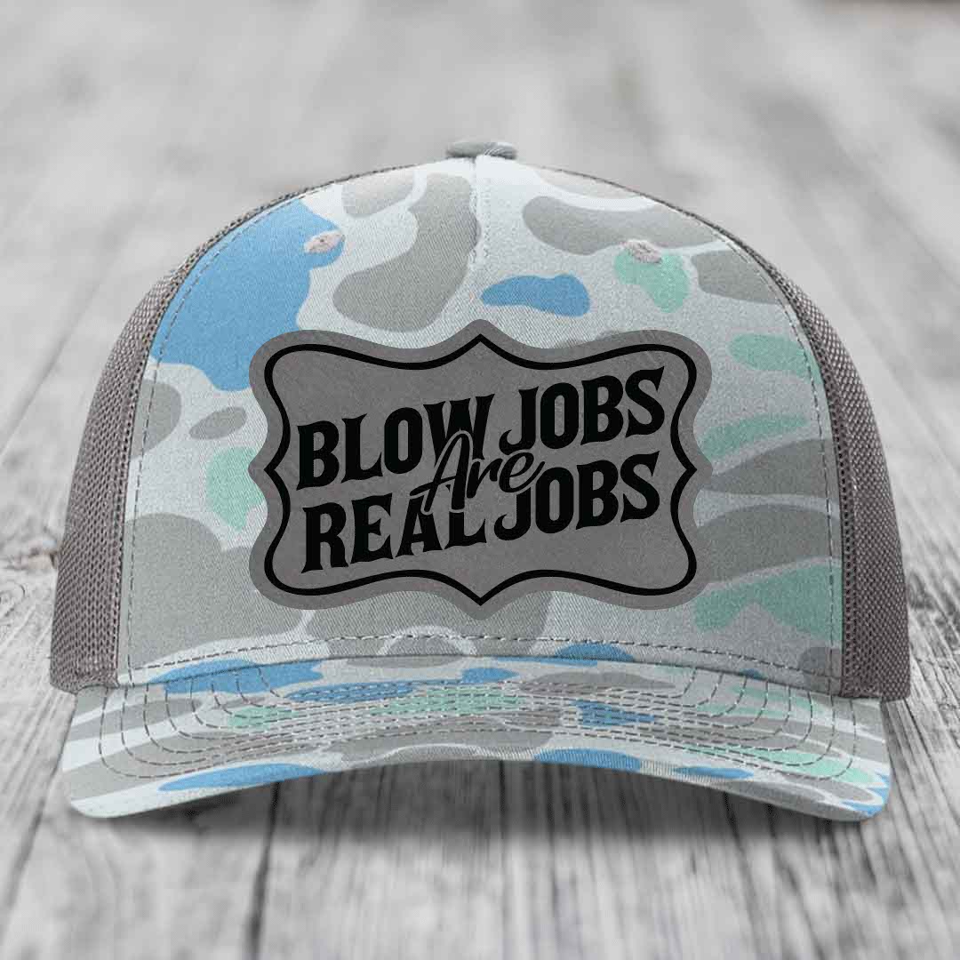 Blow Jobs Are Real Jobs v02 - Leather Patch Hat - Grey to Black Patch - Richardson 112PFP Snapback Trucker Hat