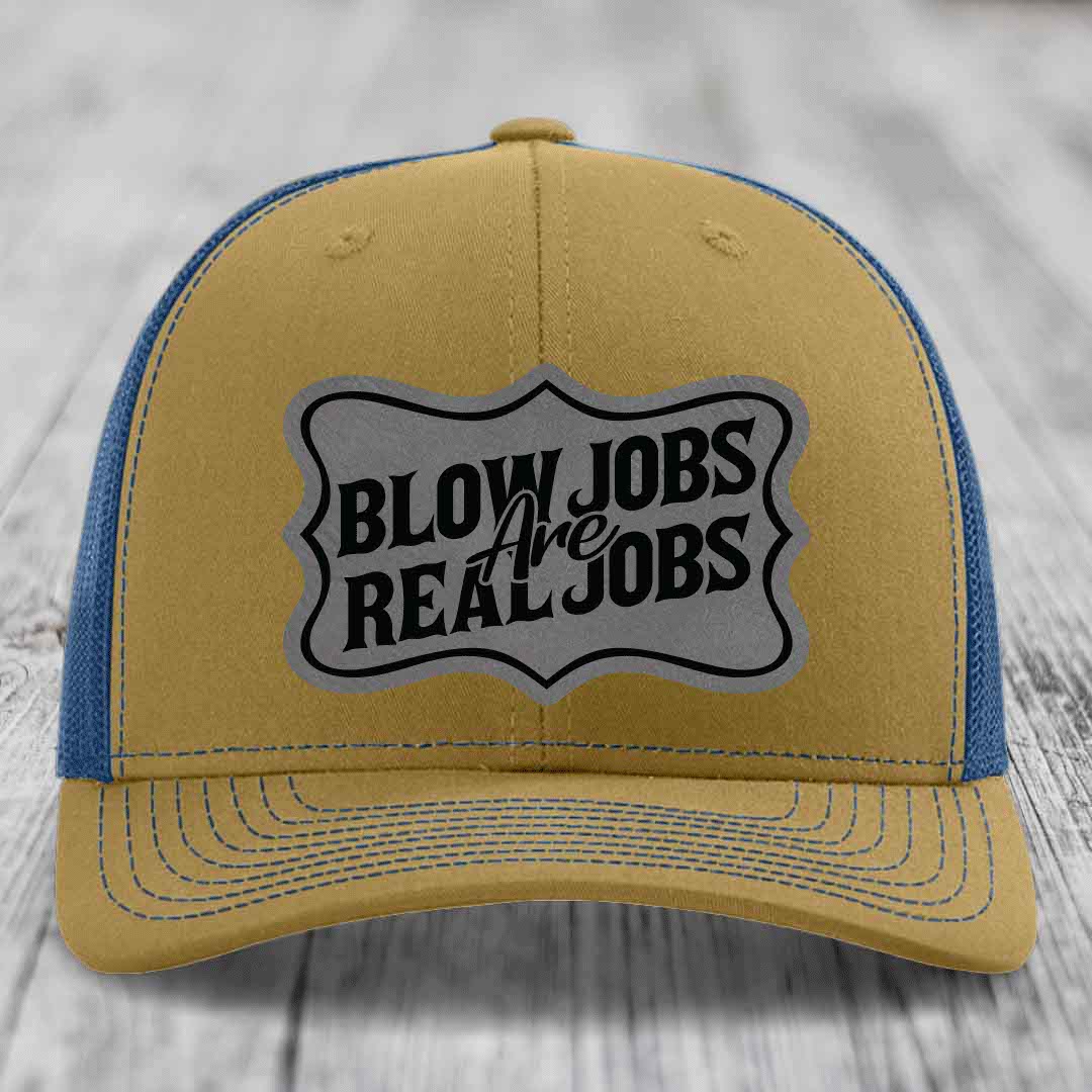 Tan and blue trucker hat with &