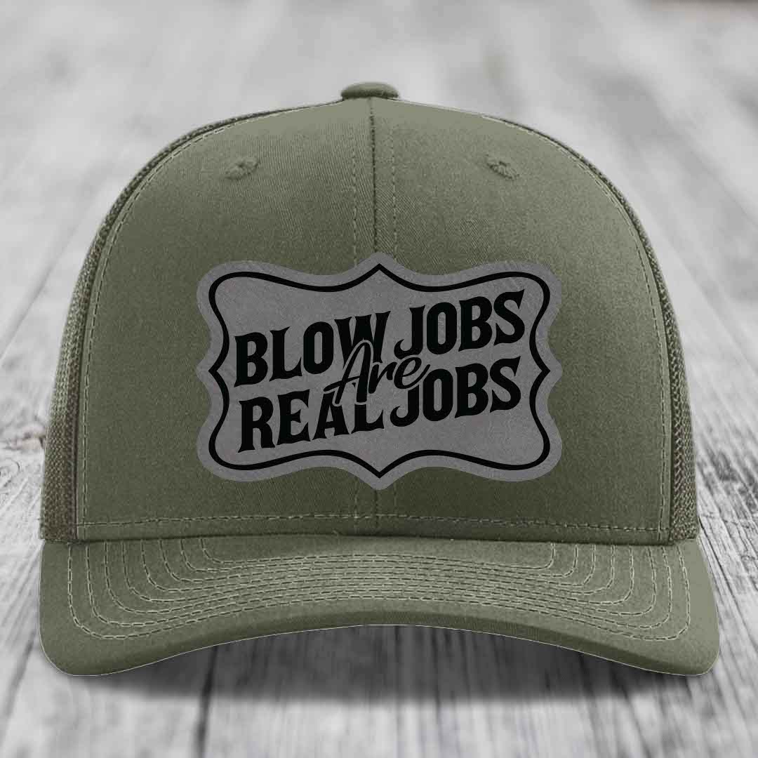 Blow Jobs Are Real Jobs v02 - Leather Patch Hat - Grey to Black Patch - Richardson 112 Snapback Trucker Hat