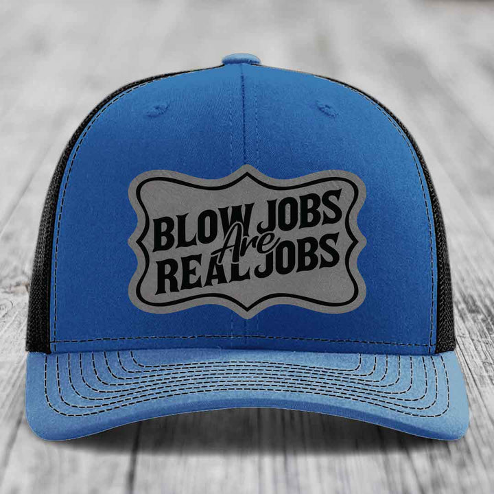 Blow Jobs Are Real Jobs v02 - Leather Patch Hat - Grey to Black Patch - Richardson 112 Snapback Trucker Hat