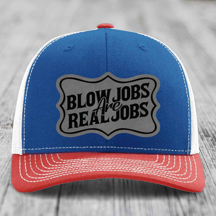 Blow Jobs Are Real Jobs v02 - Leather Patch Hat - Grey to Black Patch - Richardson 112 Snapback Trucker Hat