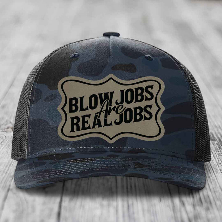 Blow Jobs Are Real Jobs v02 - Leather Patch Hat - Light Brown to Black Patch - Richardson 112PFP Snapback Trucker Hat