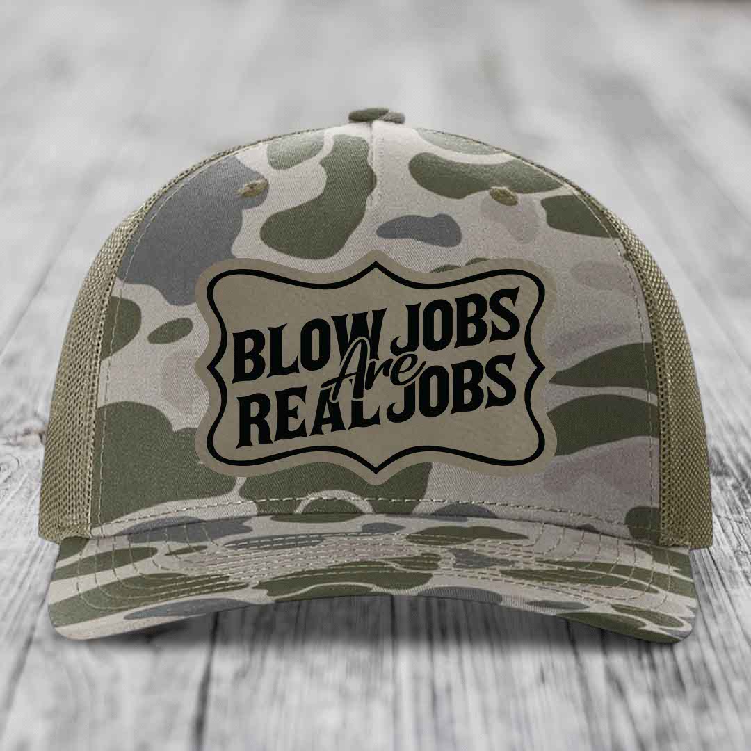 Blow Jobs Are Real Jobs v02 - Leather Patch Hat - Light Brown to Black Patch - Richardson 112PFP Snapback Trucker Hat