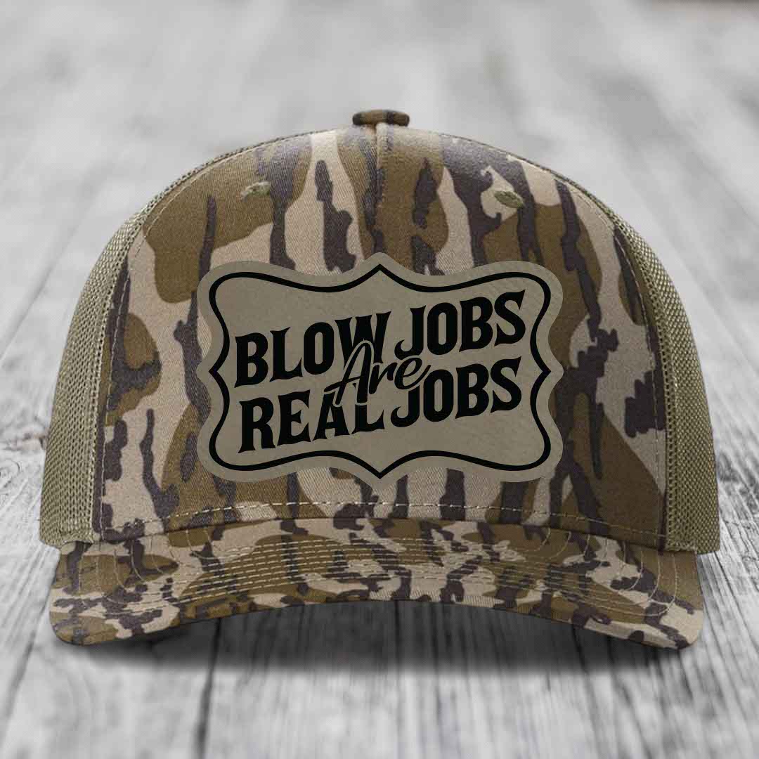 Blow Jobs Are Real Jobs v02 - Leather Patch Hat - Light Brown to Black Patch - Richardson 112PFP Snapback Trucker Hat