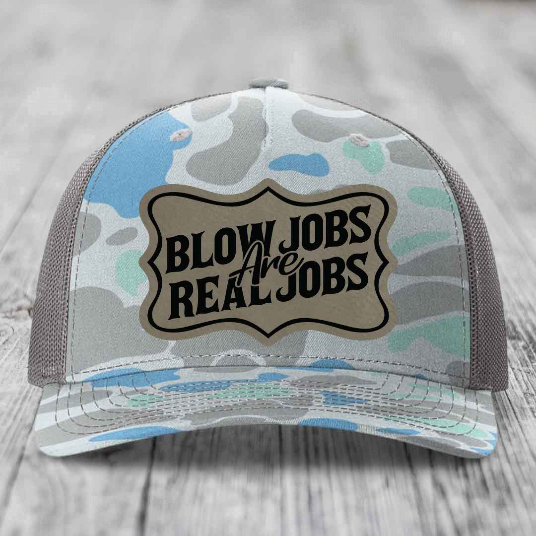 Blow Jobs Are Real Jobs v02 - Leather Patch Hat - Light Brown to Black Patch - Richardson 112PFP Snapback Trucker Hat