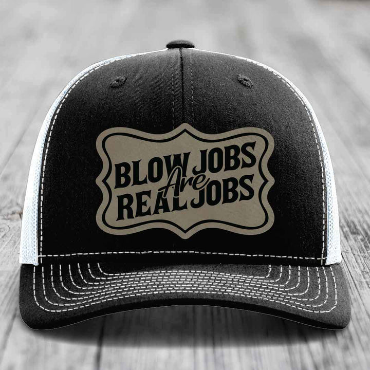 Blow Jobs Are Real Jobs v02 - Leather Patch Hat - Light Brown to Black Patch - Richardson 112 Snapback Trucker Hat