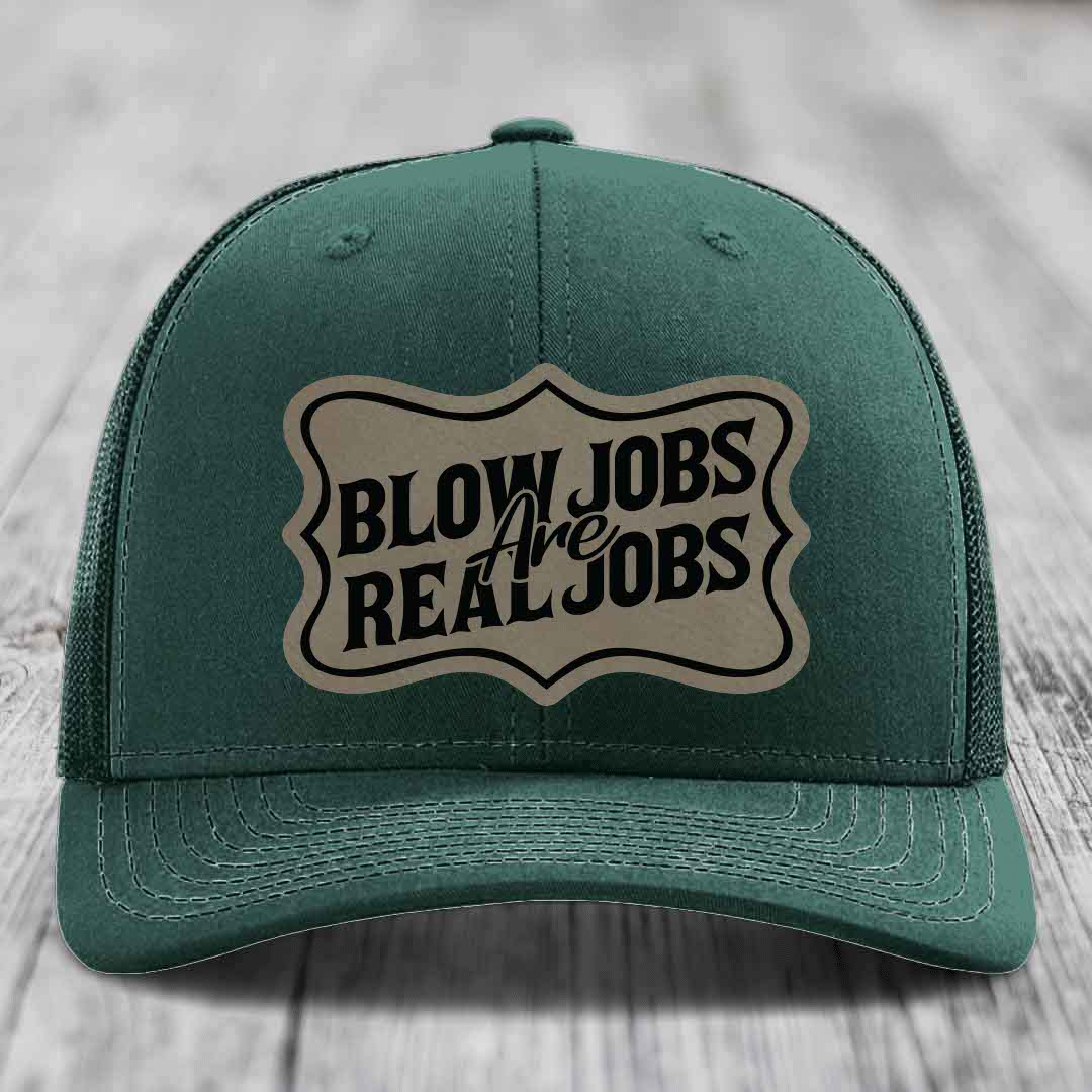 Blow Jobs Are Real Jobs v02 - Leather Patch Hat - Light Brown to Black Patch - Richardson 112 Snapback Trucker Hat