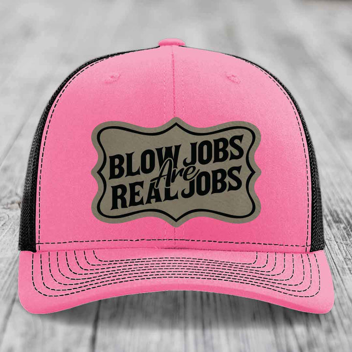 Blow Jobs Are Real Jobs v02 - Leather Patch Hat - Light Brown to Black Patch - Richardson 112 Snapback Trucker Hat