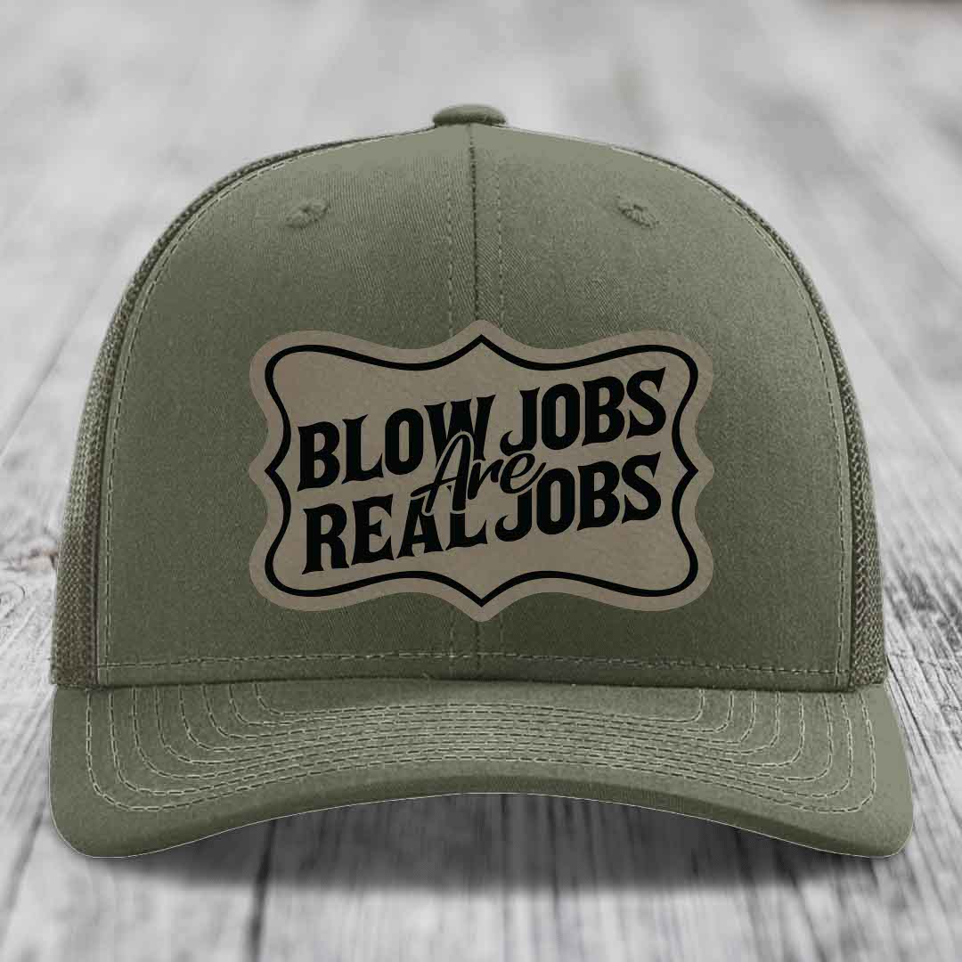 Blow Jobs Are Real Jobs v02 - Leather Patch Hat - Light Brown to Black Patch - Richardson 112 Snapback Trucker Hat