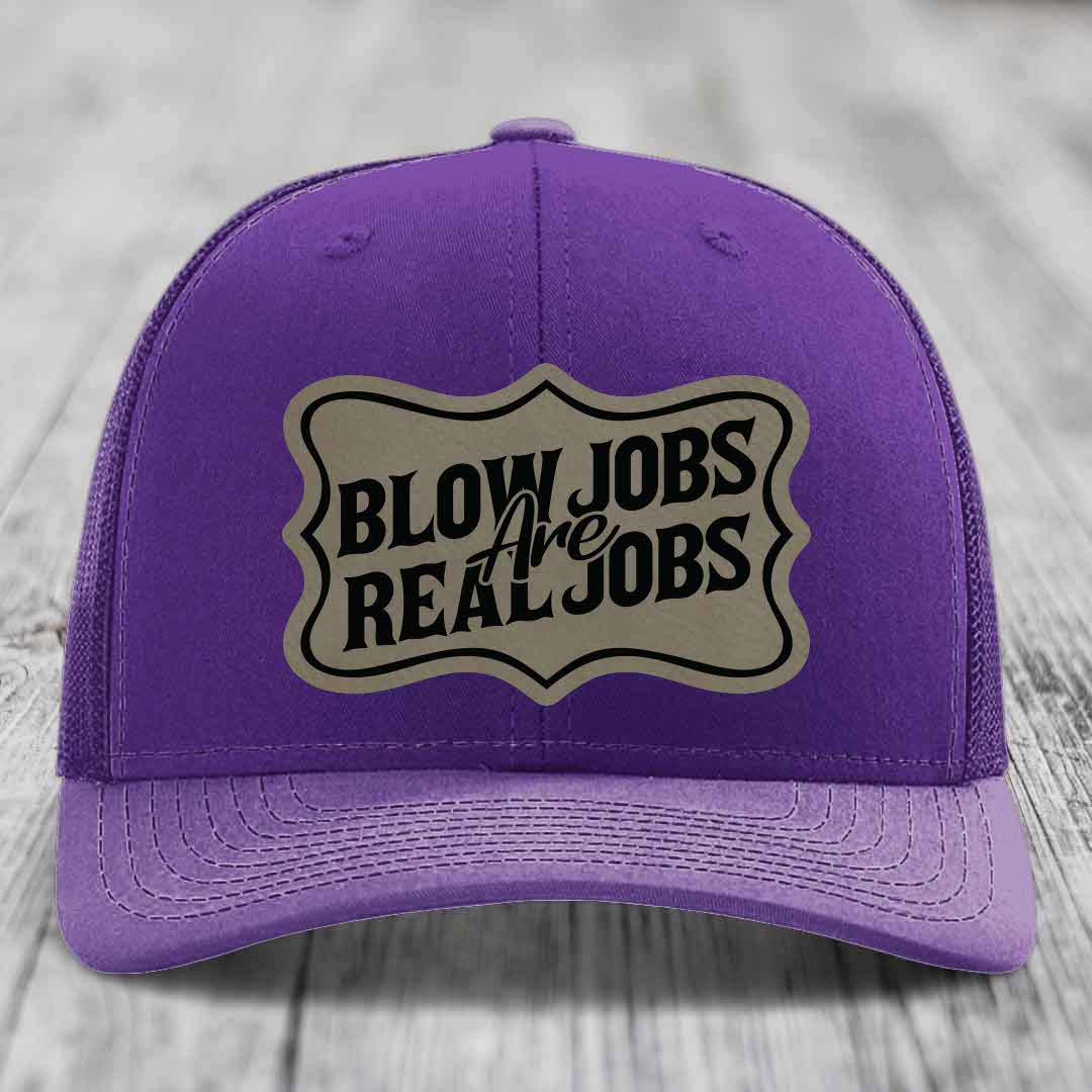 Blow Jobs Are Real Jobs v02 - Leather Patch Hat - Light Brown to Black Patch - Richardson 112 Snapback Trucker Hat