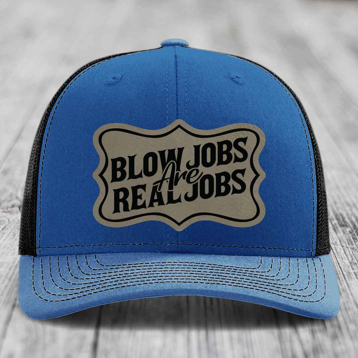 Blow Jobs Are Real Jobs v02 - Leather Patch Hat - Light Brown to Black Patch - Richardson 112 Snapback Trucker Hat